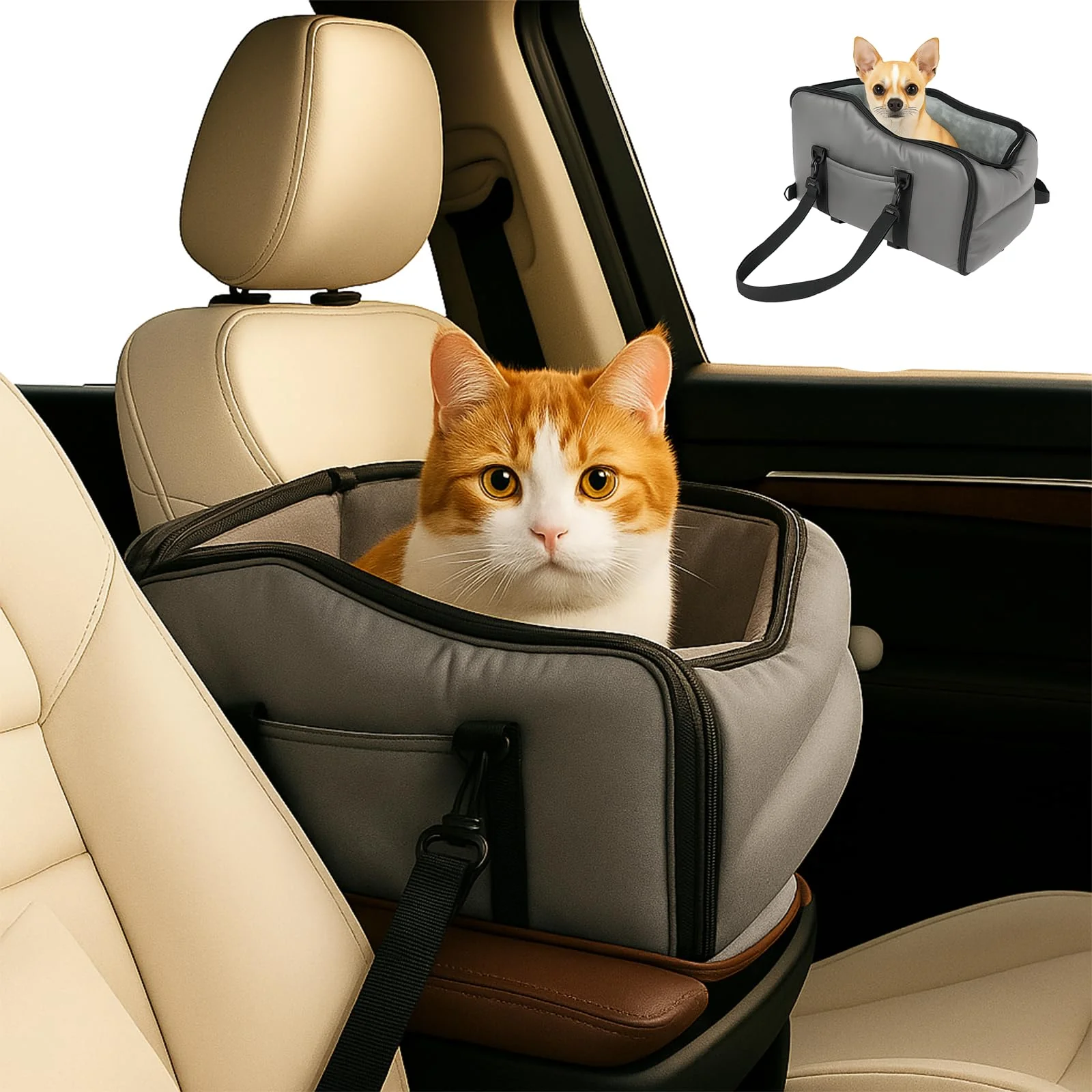 Solid Palsway Cat Car Seat Center Console with Harness Safe Travel for Pets Under 10 lbs Elite