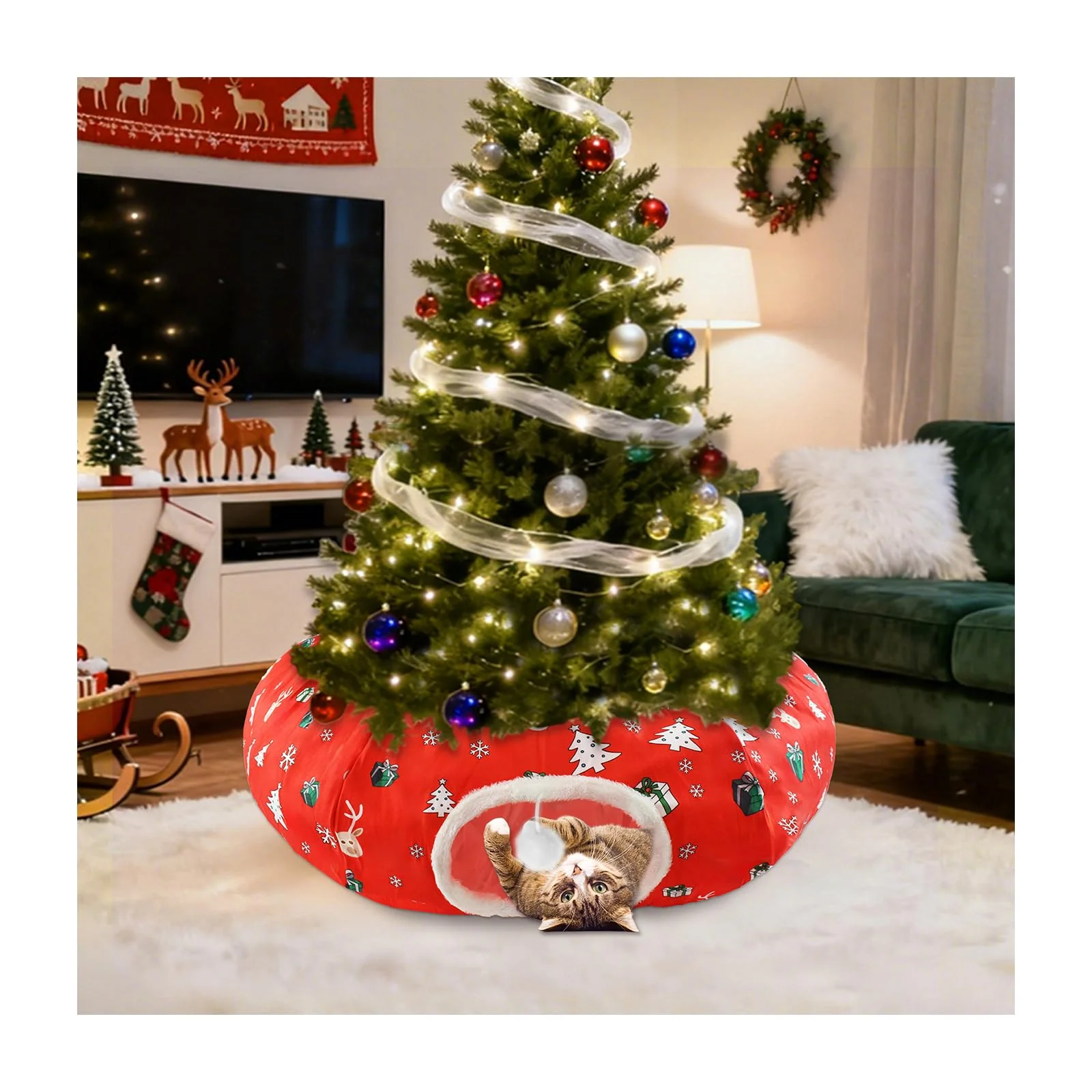 Premium Uoiispet Cat Tunnel Bed Under Christmas Tree Skirt – 36in Red Xmas Cat Tunnel Pure