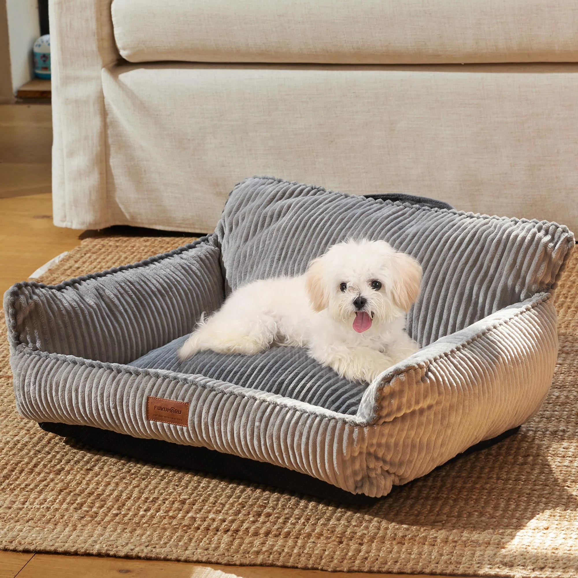 Dependable FUKUMARU 28-Inch Grey Dog Couch Bed – Corduroy Removable Cover Non-Slip Luxury