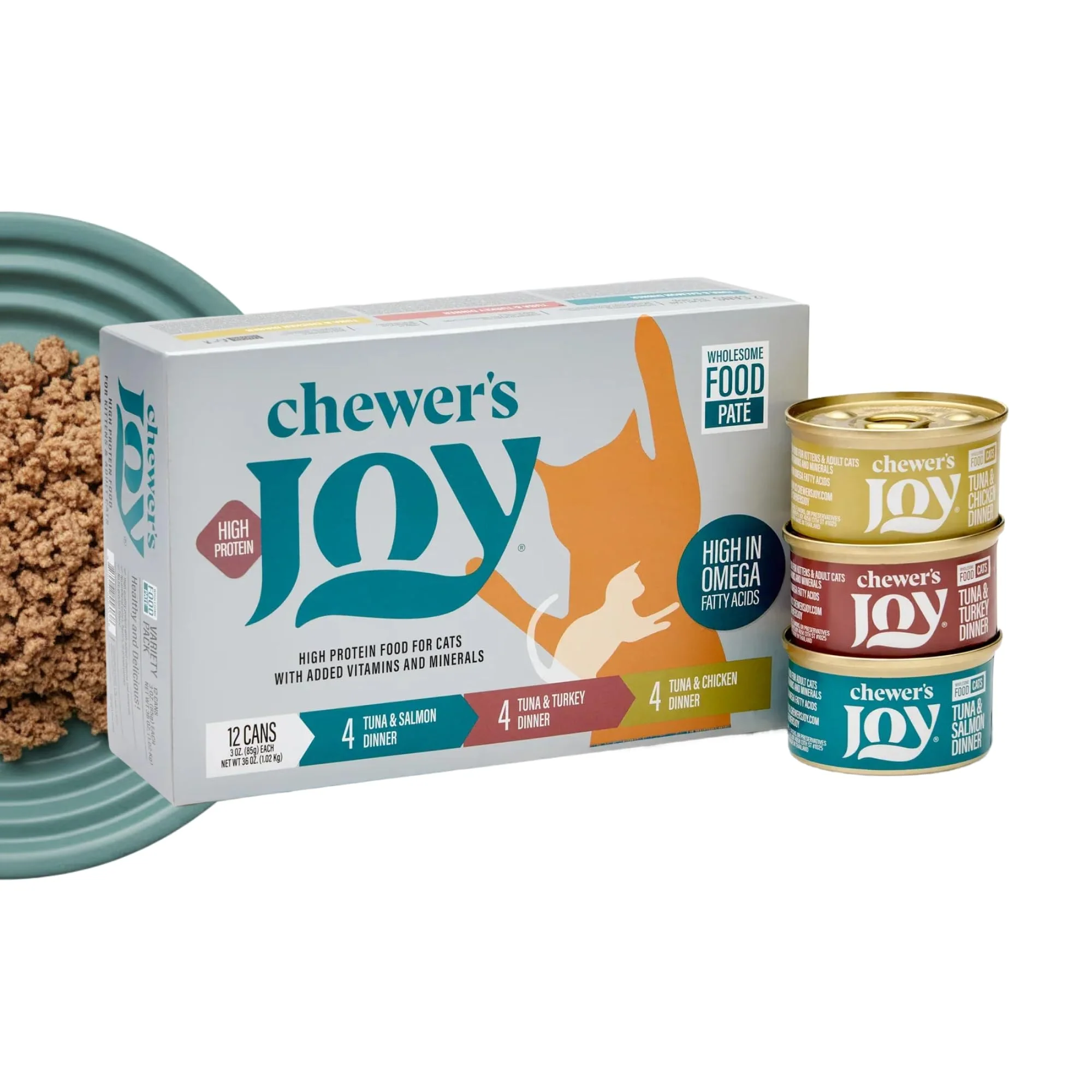 Original Chewer’s Joy Wet Cat Food Variety Pack – Tuna Salmon Chicken Turkey 12 x 3 oz Grain Green