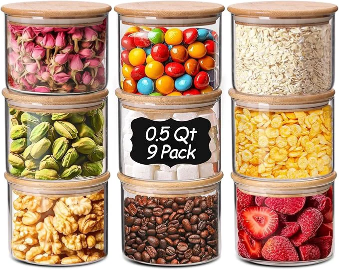 Verified ComSaf 0.5 Qt Glass Food Storage Jars Set of 9 Clear Glass Storage Containers with Lids Pantry Organization Jar Spice Salt Blooming Tea Coffee Oat and Sugar Container Small jar Set for KitchenAbout ThisOverview Artisan