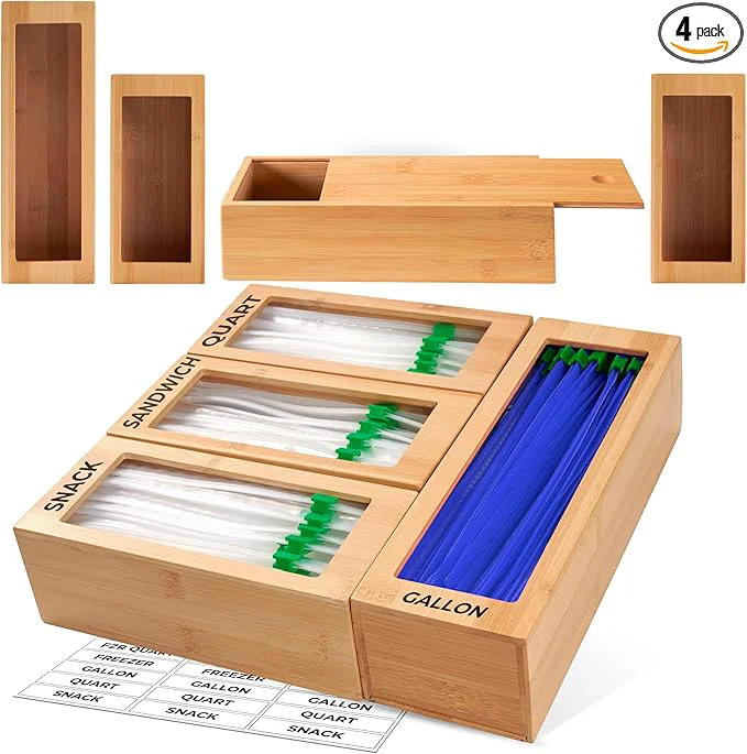 Unique Storage Bag Organizer Bamboo Baggie Organizer for Drawer 4 Modular Blocks with Labels Plastic Bag Storage Organizer Quick Refill Compatible with Gallon Quart Sandwich Snack size bagsAbout ThisOverview Breathable