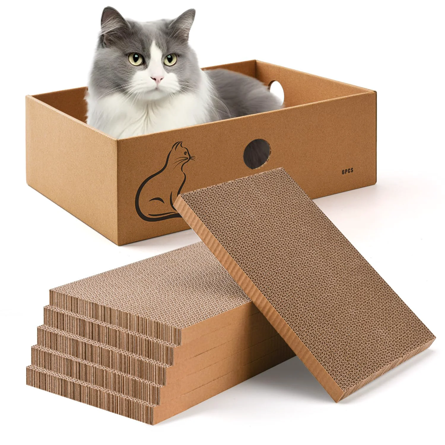 Pure AUSCAT Cat Scratcher Box with 6 Reversible Boards – Indoor Cardboard Scratchers 14.6 x 10.9 x 5.2 in Premium Material