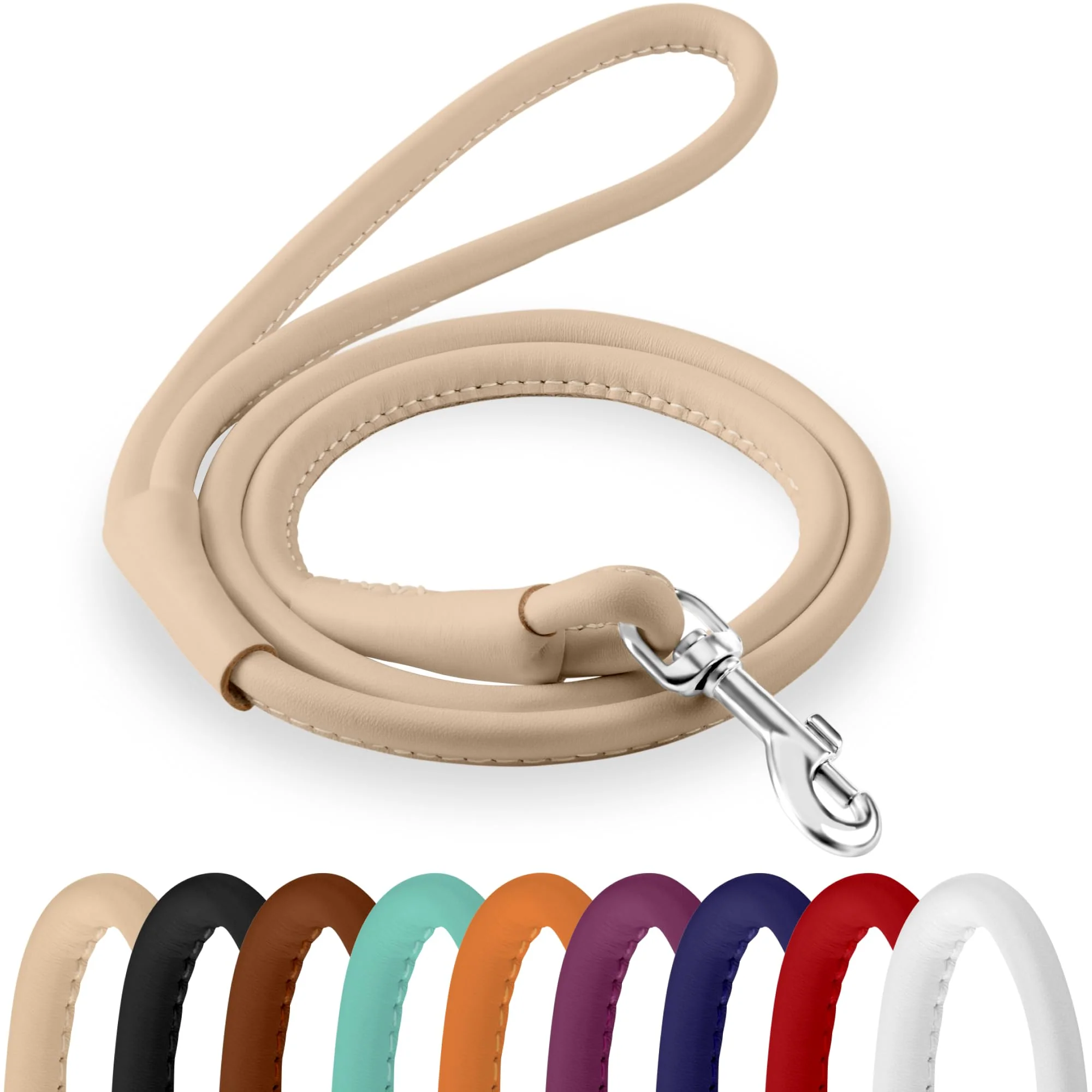 Certified CollarDirect Rolled Leather Dog Leash – 6ft Beige Heavy-Duty Handcrafted Lead Detailed