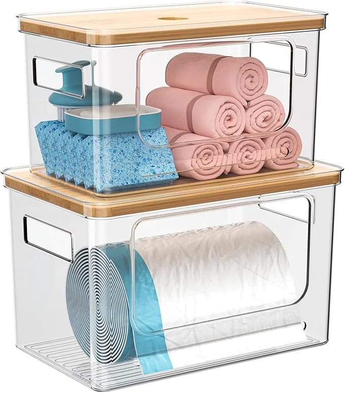 High-Grade Trash Bag Holder Dispenser with Bamboo Lid 2 Pack Clear Stackable Plastic Grocery Bag Holder for Home Kitchen Pantry Countertop Medium Large Wall Mounted Storage Bins for Onion Potato StorageAbout ThisOverview Safe
