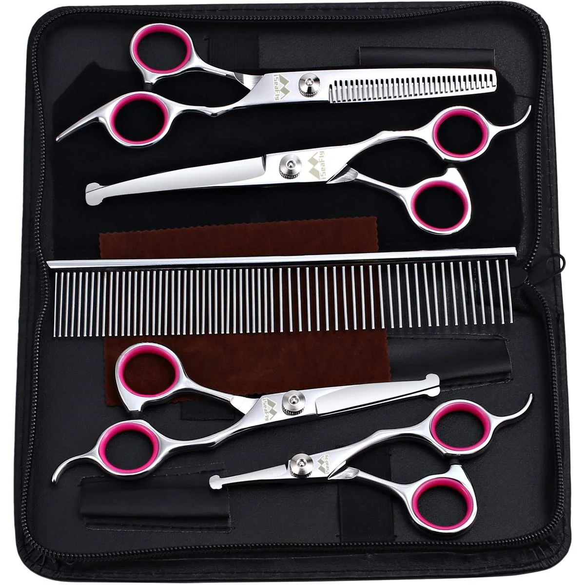Luxury iSeaFly Dog Grooming Kit with Round Tip – 6-in-1 Stainless Steel Pet Scissors Pink Fashionable