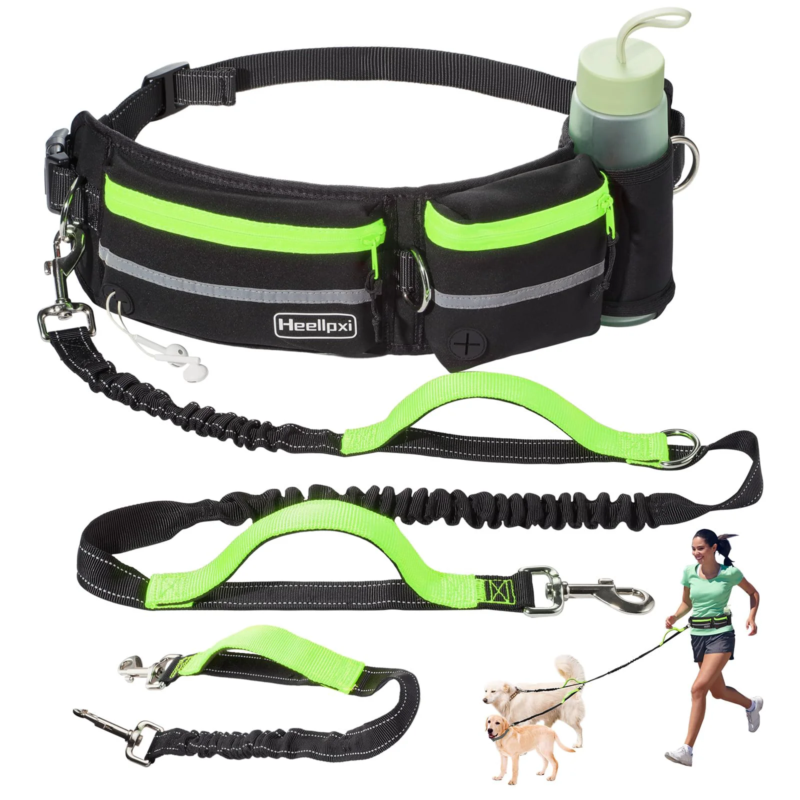 Lightweight Heellpxi Hands- Waist Leash with Pouch for Two Dogs – Reflective Dual Handles Bungee – Green Convenient