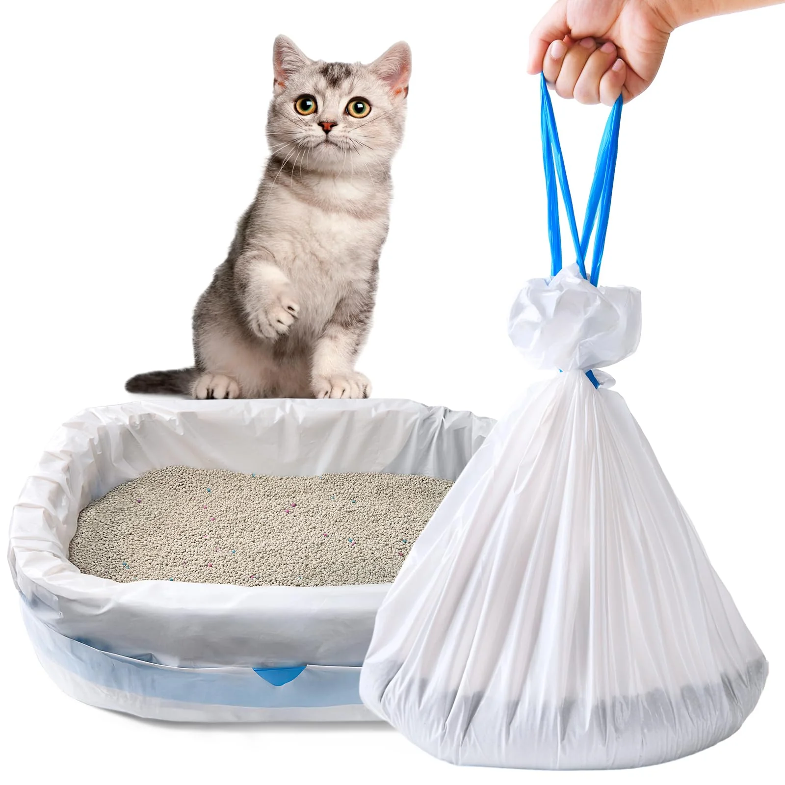 Pure Belinlen Jumbo Cat Litter Liners 50 Count – Extra-Thick 37×19 Inches Drawstring Bags Expertly Made