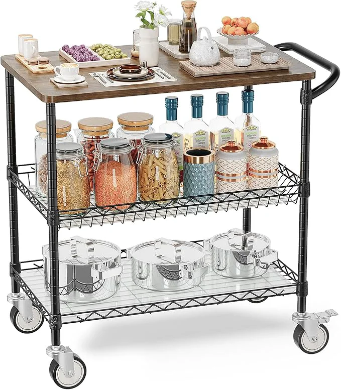 Versatile Leteuke Rolling Kitchen Carts with Wheels 34 L x 17.5 W 3-Tier Heavy Duty Utility Cart with Wood Tabletop NSF Commercial Metal Serving Cart with Handle and Shelf Liner for Kitchen BlackAbout ThisOverview Traditional