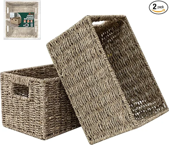 Fine 2-Pack Handwoven Seagrass Storage Baskets with Handles Wicker Bins for Pantry Organization Shelf or Closet Organizer Decorative Boho Rectangular Basket 13.5 x 8 About ThisOverview Environmentally Friendly