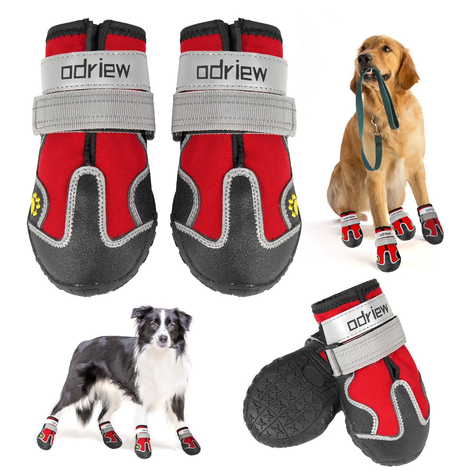 Classic ODRIEW Dog Shoes Large Size – 4-Pack Red Booties with Reflective Strips Anti-Slip Soles for Hot Pavement Rain Snow Size 6 Trendy