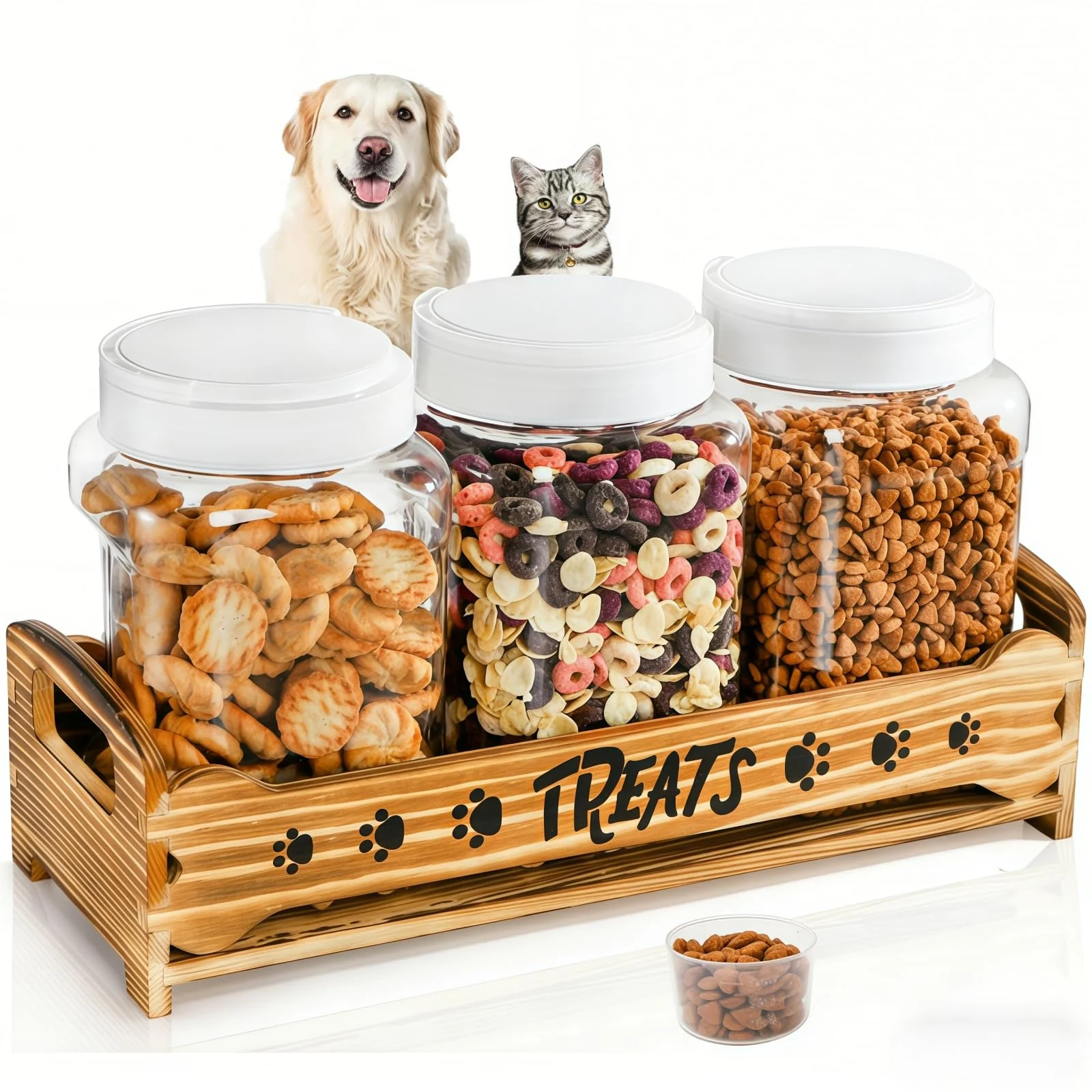 Excellent Tlence Dog Treats Container 3 Jars Airtight Storage Wooden Stand Innovative