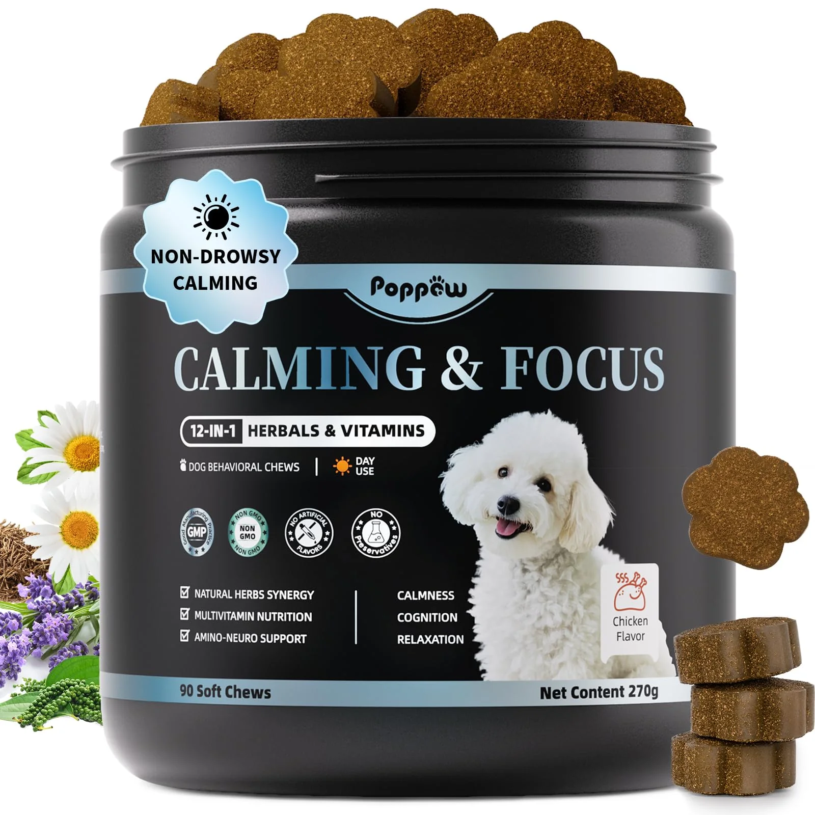 Elegant POPPAW Calming Chews for Dogs – Non-Drowsy Anxiety Relief with Chamomile Ashwagandha 90 Ct Professional