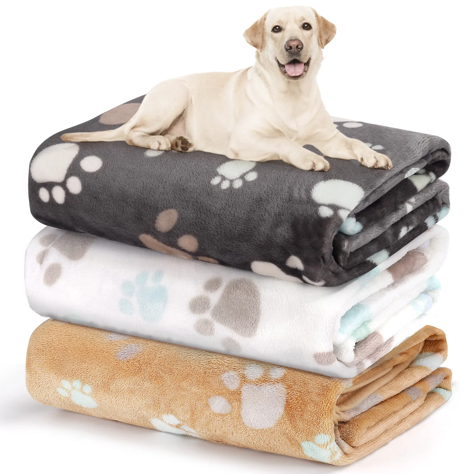 Authentic Gowyeg Dog Blanket for Large Dogs 41×31 3 Pack Flannel Throws – Soft Washable Paw Pattern Grey White Brown Green