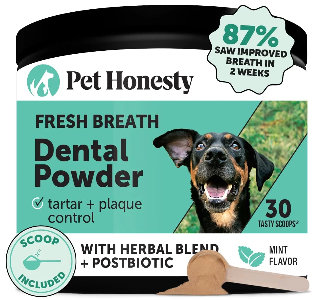 Authentic Pet Honesty Dog Breath Freshener Dental Powder – Natural Herbal Dental Care for Dogs 30 Scoops Superior