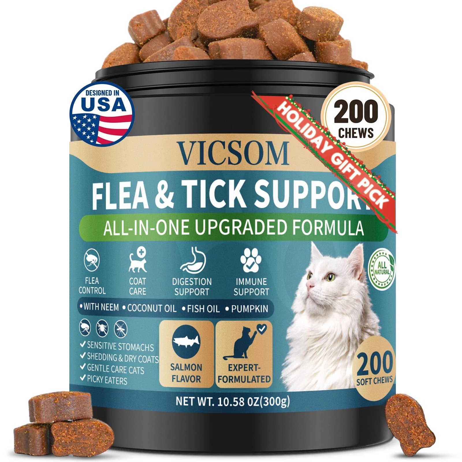 Carefully Designed VICSOM Cat Flea Tick Chews — 200 Salmon Flavor Treats for All Breeds Fine