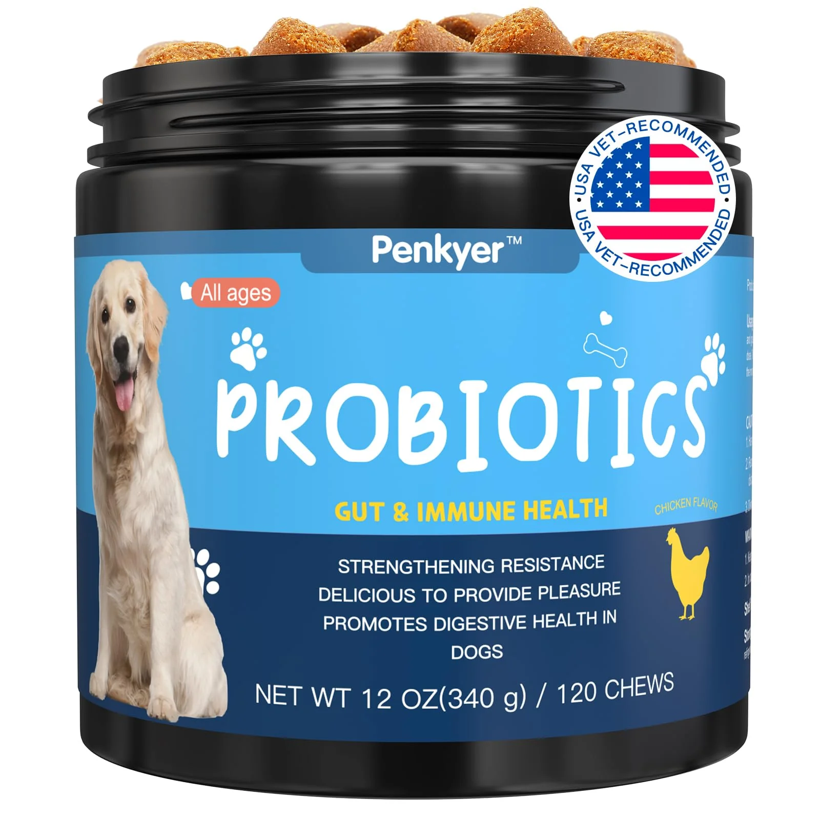 Flexible Penkyer Probiotics for Dogs – 6B CFU with Digestive Enzymes Prebiotics Omega-3 Chicken 120 Ct Enhanced
