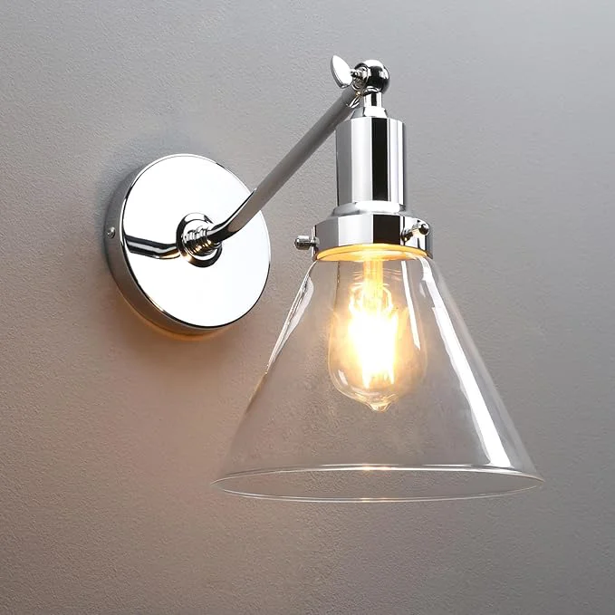 Outstanding PERMO Industrial Vintage Slope Pole Wall Mount Single Sconce with Funnel Flared Clear Glass Shade Chrome Wall Sconce Light FixturesAbout ThisOverview Easy-to-Use