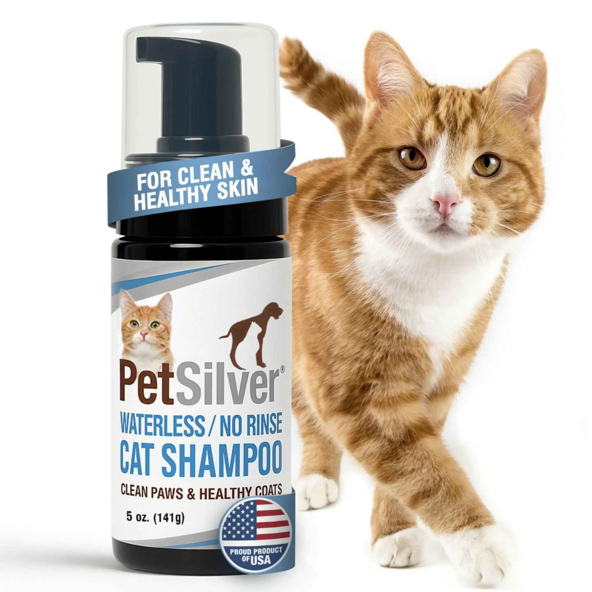 Fine PetSilver Waterless Cat Shampoo — No-Rinse Foam Bath for Cats Hypoallergenic Fragrance- — 5 fl oz Natural