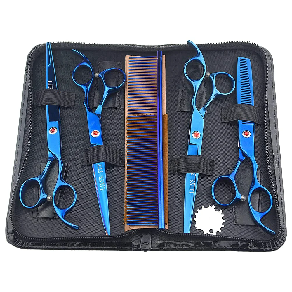 World-Class LILYS PET Professional Dog Grooming Scissors Set – 7.0 Inch Titanium-Coated Cutting Thinning and Curved Shears Blue Smooth
