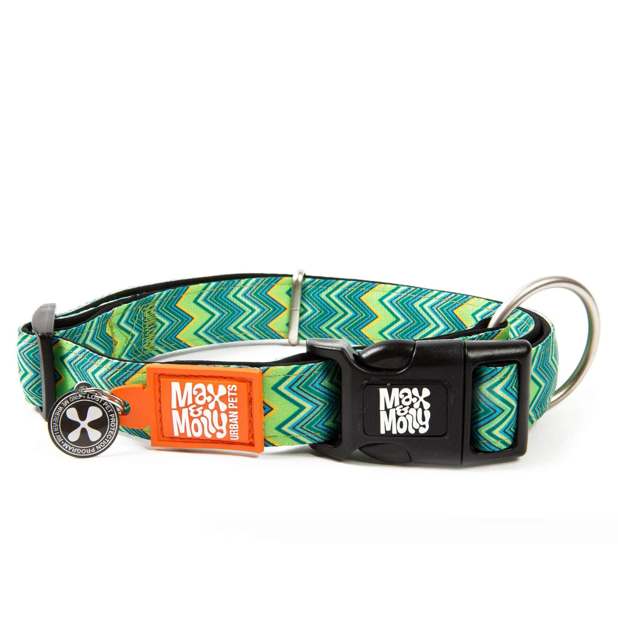 Natural Max Molly Urban Pets Smart ID Collar – Neoprene Comfort QR Tag App Profile Vintage Green Stripe M Reusable
