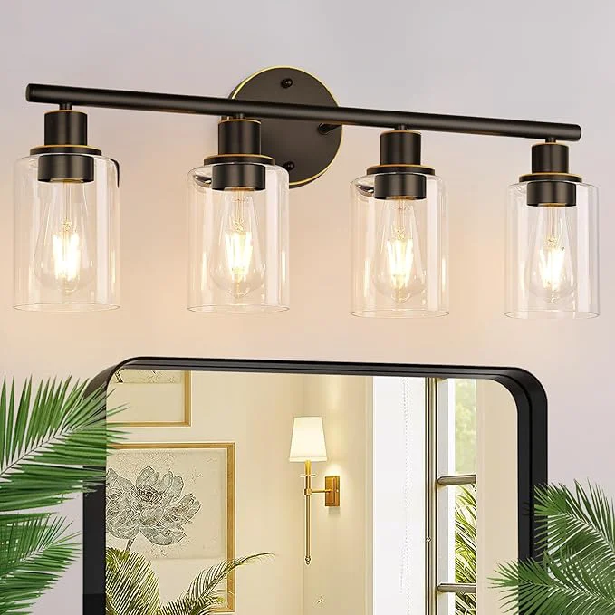 Healthy 4-Light Bathroom Light Fixtures Brown and Gold Modern Vanity Lights Over Mirror with Clear Glass Shade Bathroom Wall Lamp for Mirror Kitchen Living Room Hallway Cabinet Porch Bedroom Reading roomAbout ThisOverview Efficient