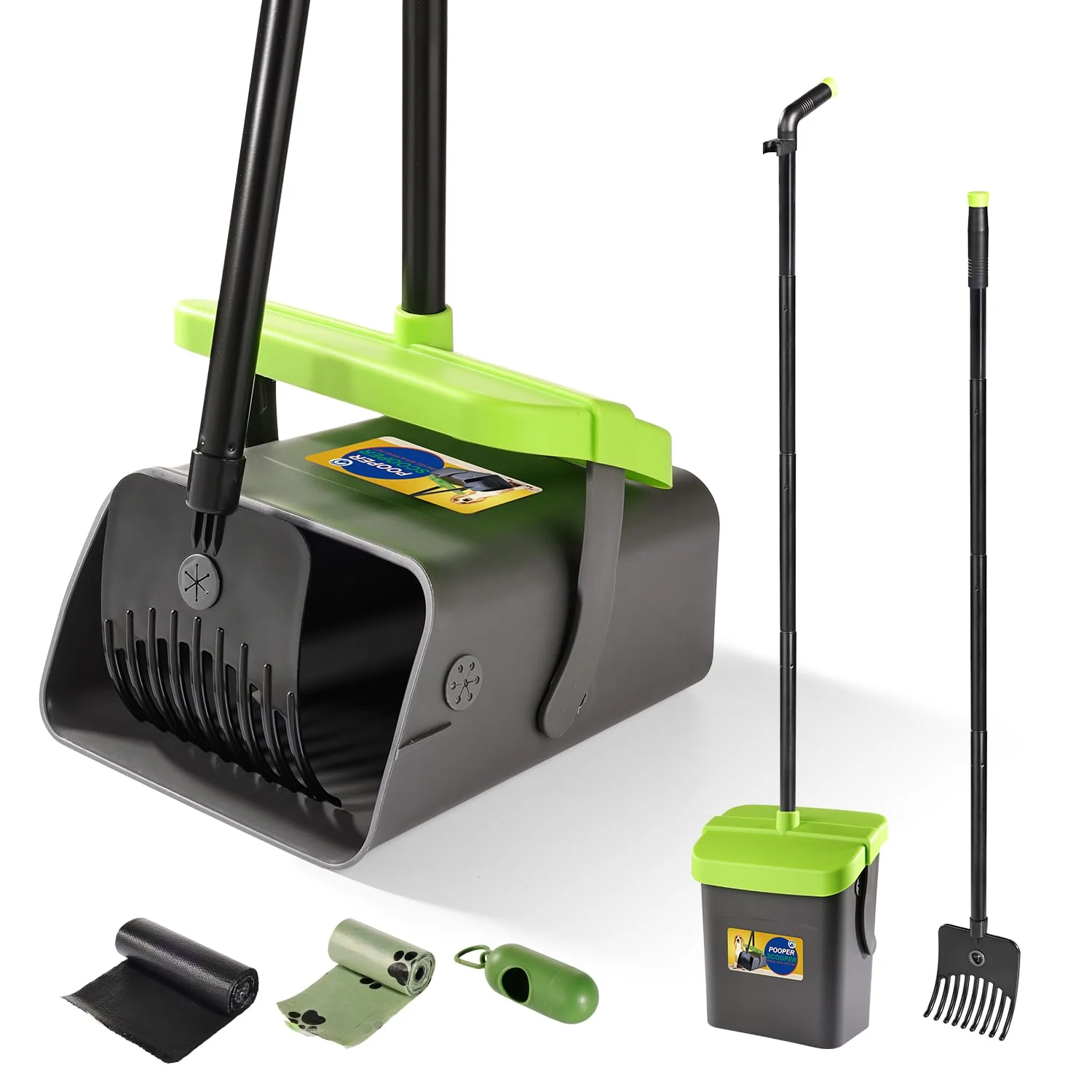 Original Design Meijubol Pooper Scooper Swivel Bin Rake Kit – 46-Inch Handle 35 Bags Heavy-Duty Yard Cleanup Pure