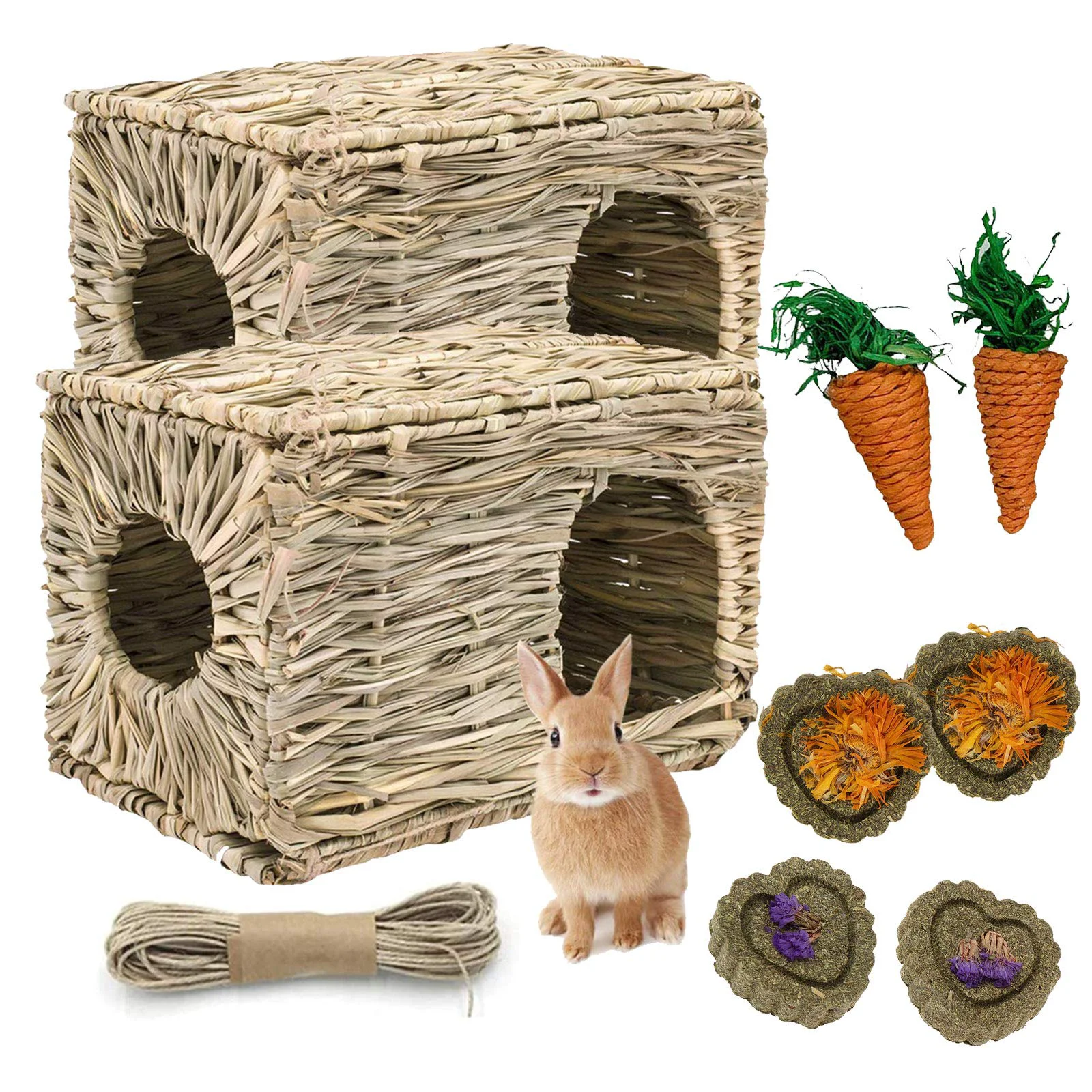 Traditional kathson 2 Pcs Rabbit Grass House — Foldable Seagrass Bed Bunny Chew Toys User-Friendly