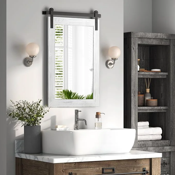 Selected COGOOD Farmhouse Bathroom Mirror – 42 x 29 Rustic Barn Door Style Mirror for Living Room Entryway Vanity Wall Decor White About ThisOverview Fast