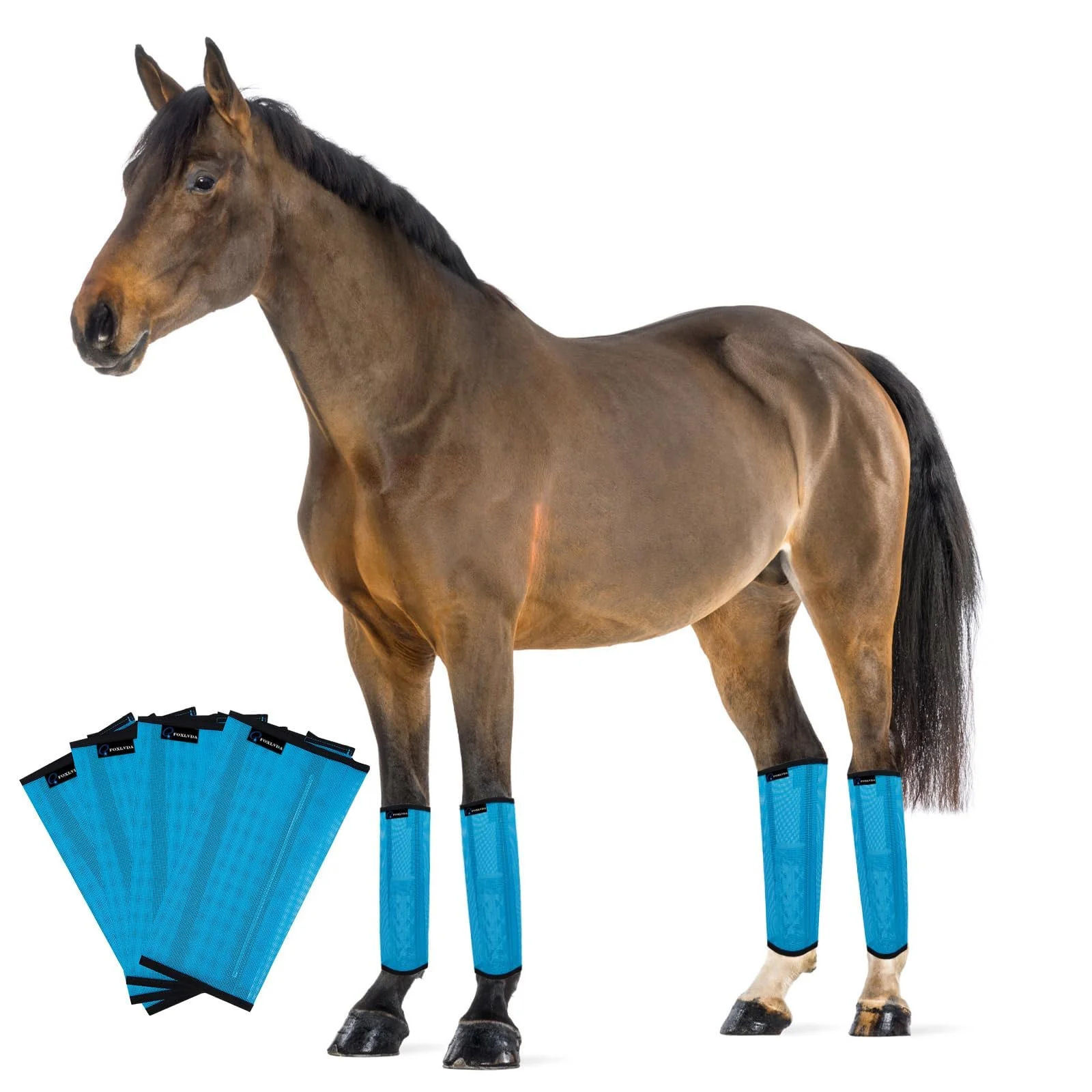 Green FOXLVDA Horse Fly Boots Set of 4 – Blue Large Mesh Design with Metal Support Bars Soft