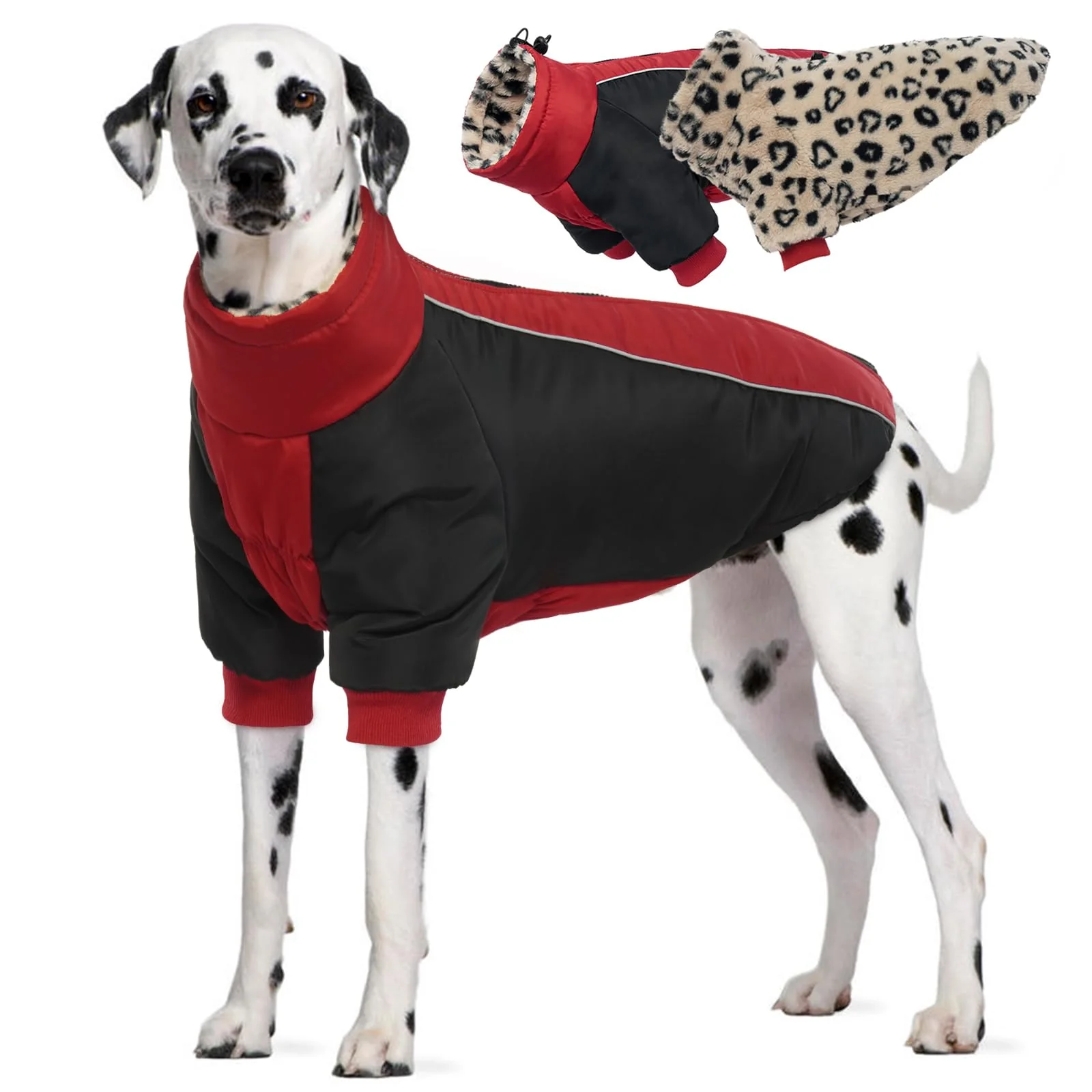 Optimized IDOMIK Reversible Dog Winter Coat – Thick Waterproof Jacket with Leopard Fleece Lining Zipper Reflective Red XL Green