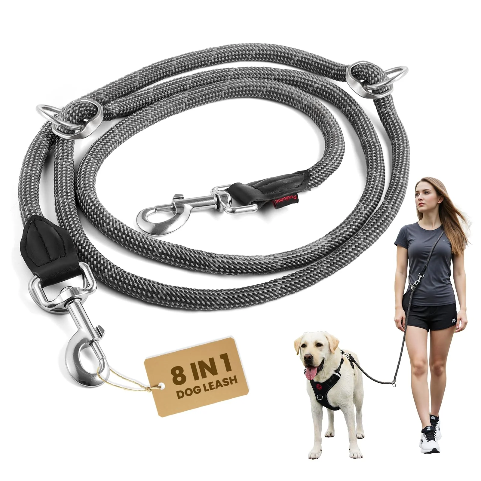 Convenient Pudiwind Black 8-in-1 Hands- Dog Leash for Medium Large Dogs – 8ft Reflective Heavy-Duty Nylon High-Grade