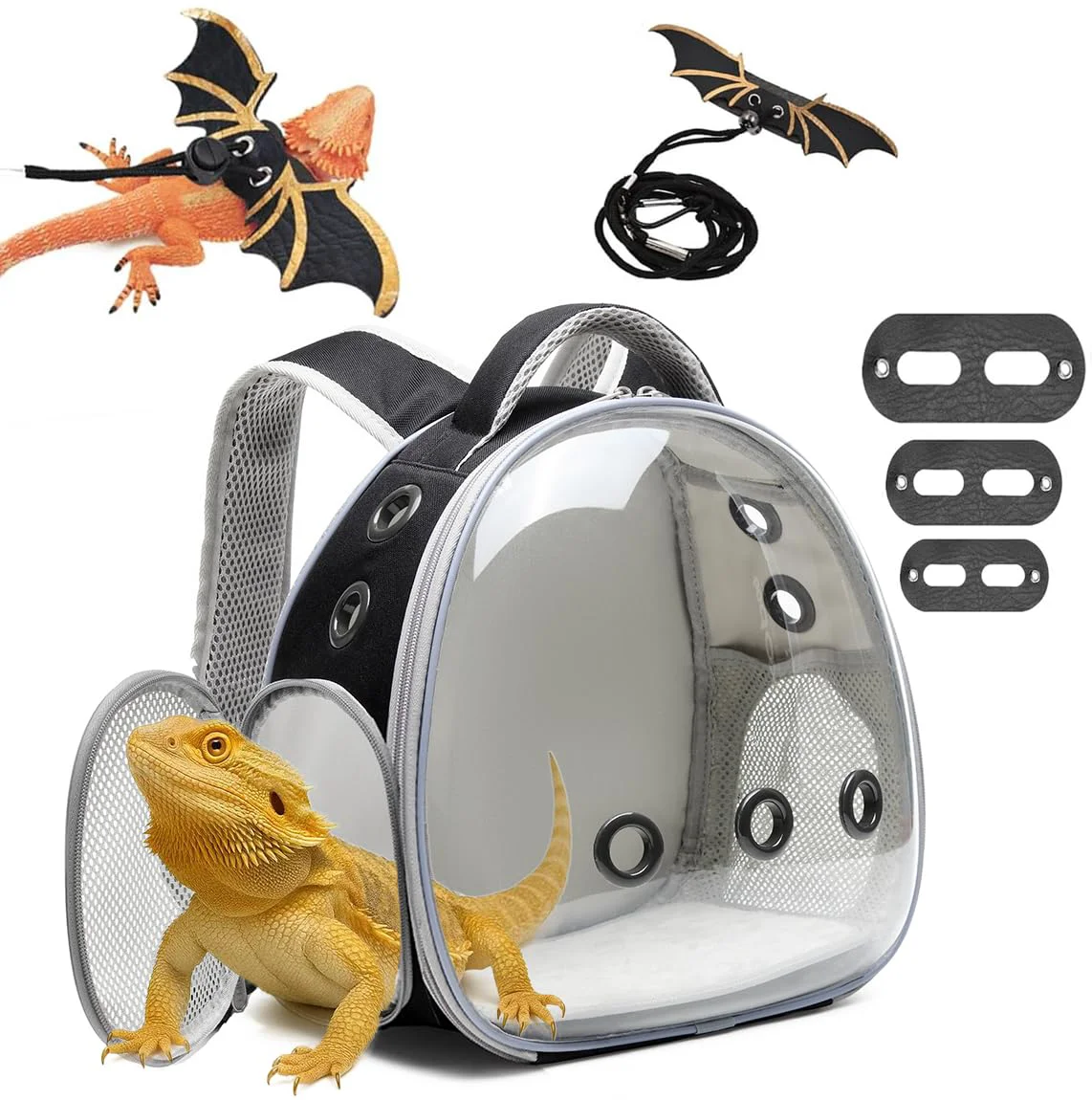 Unique UOOPET Bearded Dragon Backpack Carrier with Harness Leash Set – Airline Black Powerful