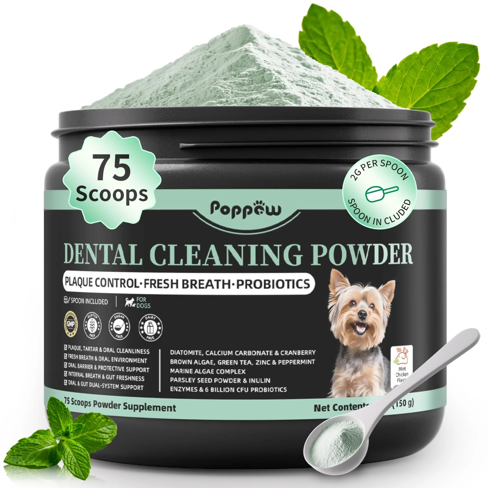 Professional POPPAW Dog Dental Powder – No-Brushing Teeth Care Mint Chicken Flavor 75 Servings Exclusive