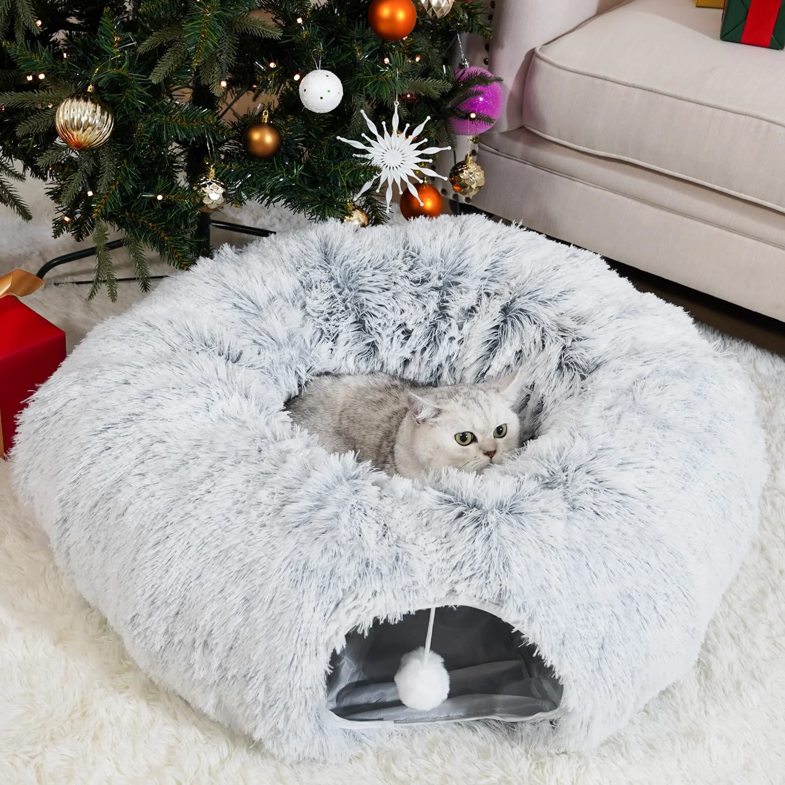 Official OOZAZEMM Cat Tunnels for Indoor Cats Collapsible Donut Tunnel Christmas Tree-Friendly Bed – Gray World-Class