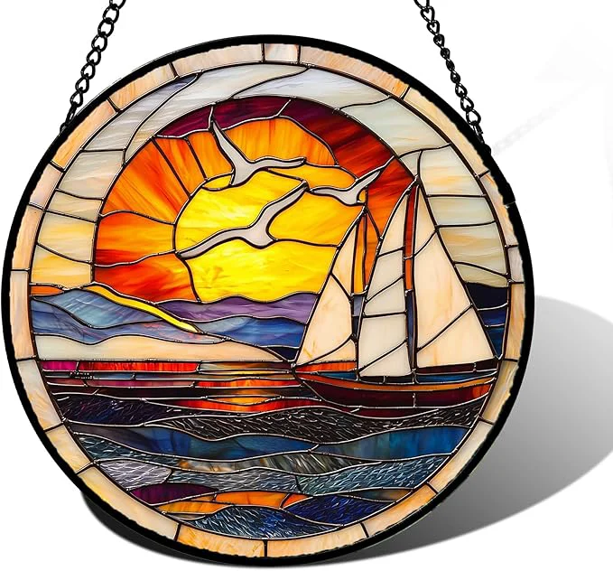 Crafted Stained Glass Window Hanging Sun Ocean Sailboat Seagull Abstract Suncatcher Diamond Glass Panel Sun Catchers Decor for Birthday for Women Men Wife Aunt and Mom 9.8 inAbout This Comfortable