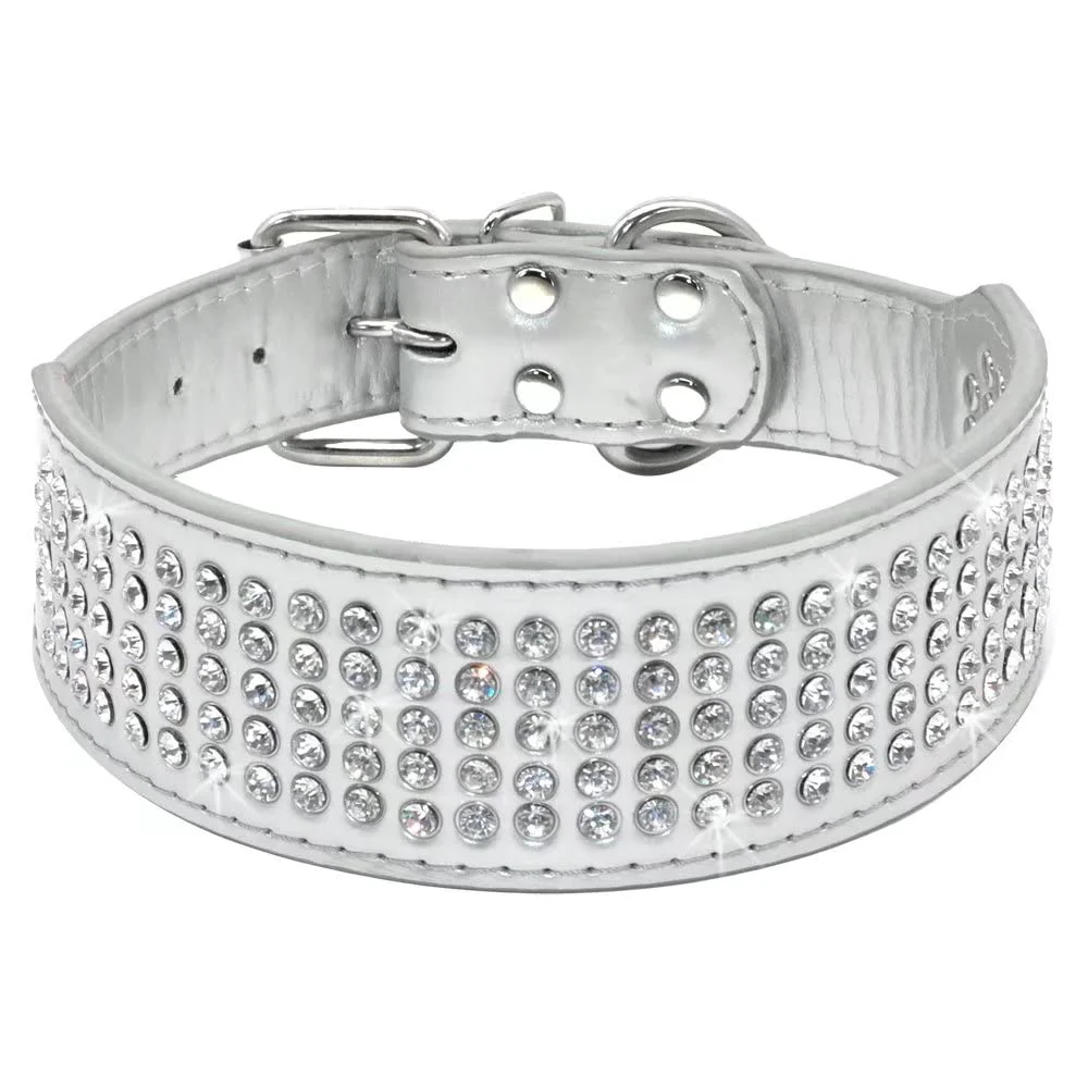 Fine Berry Pet Rhinestones Collar for Large Dogs – 2-inch Wide 5 Rows of Crystal Diamonds White Silver PU Leather Carefully Designed