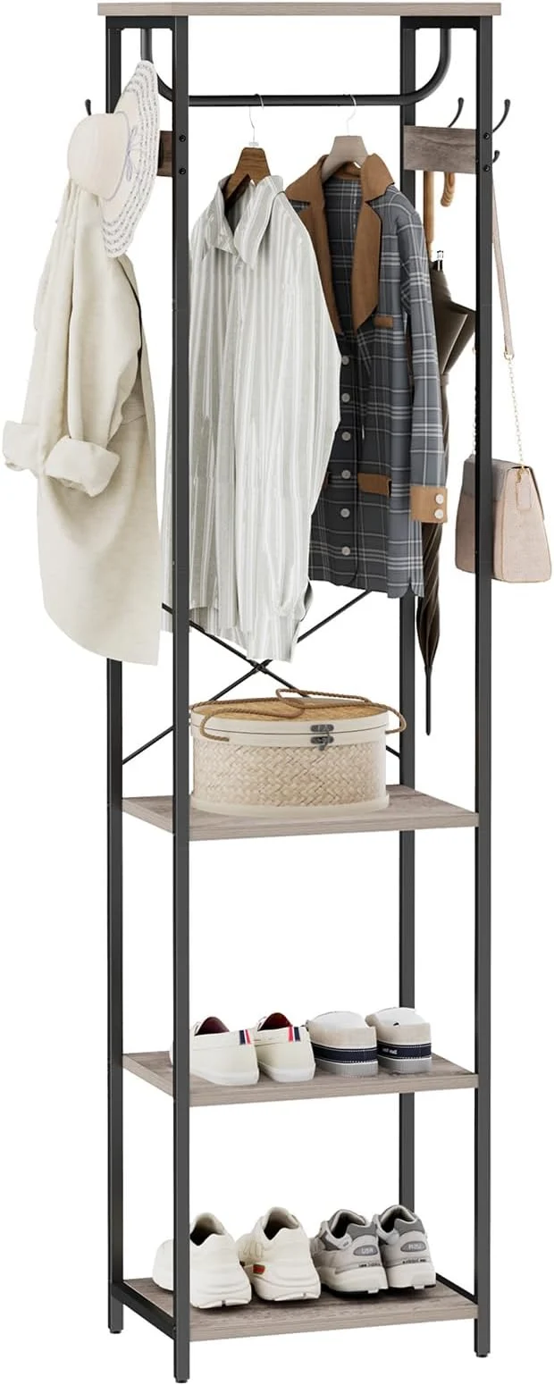 Flexible Coat Rack With Hanging Rod Garment Rack With 3 Wooden Shelves and 4 Hooks standing Hall Tree Industrial Clothes Rack Stand Organizer Greige and BlackAbout ThisOverview Artisan