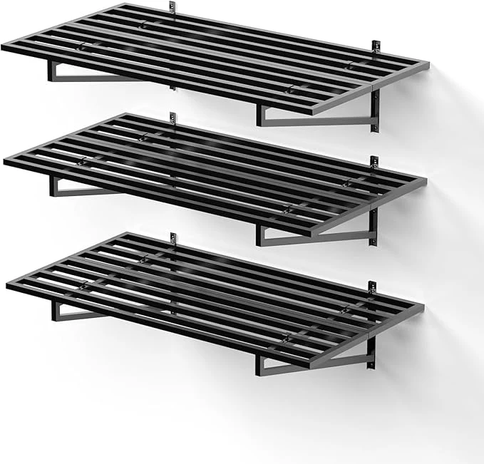 Certified 3-Pack Garage Wall Shelves 2′ x 4′ Heavy Duty Wall Mounted Storage Rack with 9 Hooks 750 lbs Capacity 250 lbs Each Steel Garage Organization Shelving for Tools Bins and Power EquipmentAbout ThisOverview High-Grade