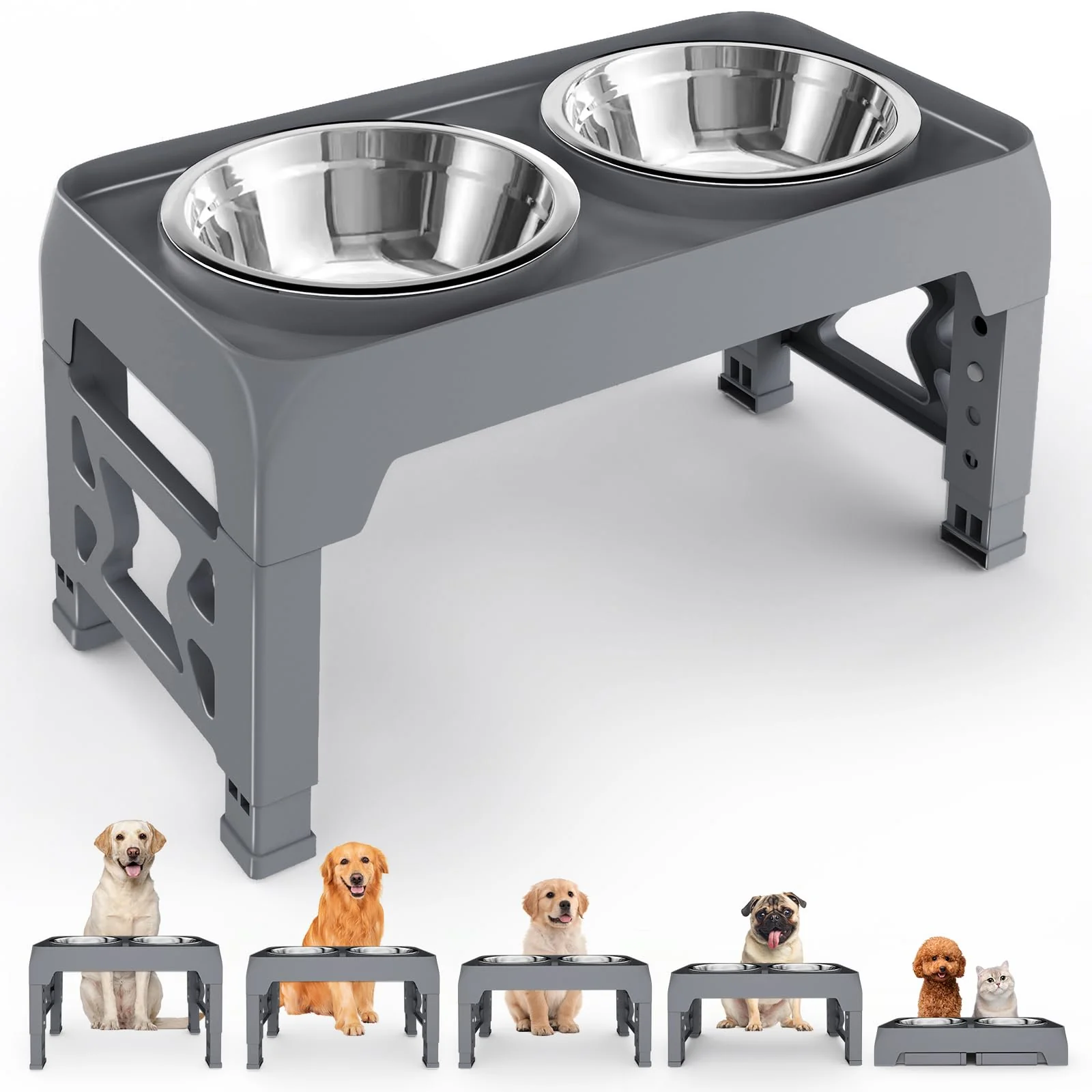 Expertly Made Moserein d Dog Bowls for Medium Large Dogs – 5-Height Adjustable Mess-Proof Raised Bowl Stand with 2x 44oz Stainless Steel Bowls Exclusive