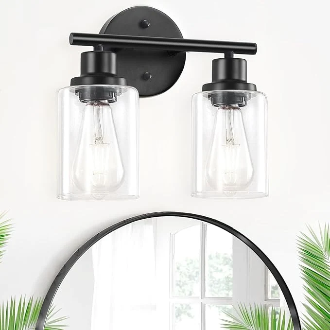 Quality 2-Light Black Bathroom Light Fixtures E26 Modern Vanity Lights for Bathroom with Clear Glass Shade Wall Lamps for Mirror Kitchen Hallway Cabinet Living Room Sconces LightsAbout ThisOverview Exceptional