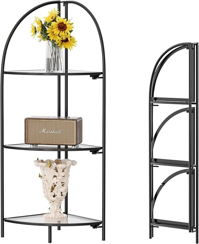 Selected Crofy Foldable 3 Tier Corner Shelf Metal Corner Plant Stand with Black Frame and Transparent Shelves Corner Display Rack Multipurpose Shelving Unit for Living Room Bedroom BathroomAbout ThisOverview Genuine