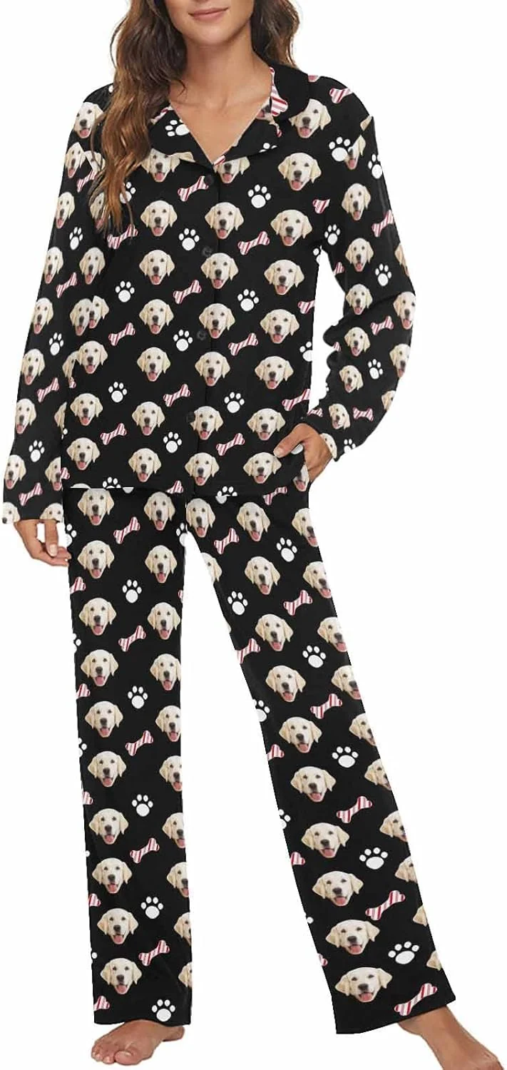 Detailed MyPupSocks Custom Face Pajamas for Women Set Personalized Photo Long Sleepwear XS-XXL Natural
