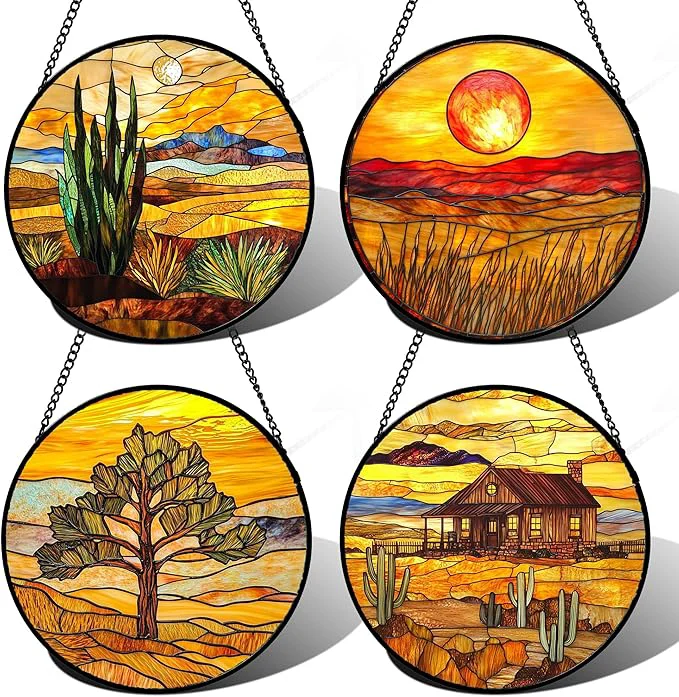 Smart Stained Glass Window Hanging 4 Pcs Set Desert Sunset Theme Landscape 9.8 – Suncatcher Door Garden Sun Catcher Decor Birthday Christmas for Mom Woman Nana MenAbout This Lightweight