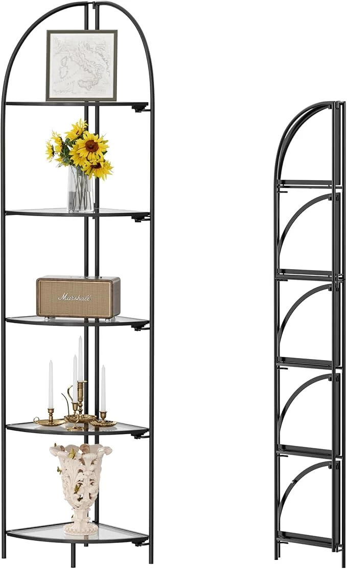 User-Friendly Crofy Foldable 5 Tier Corner Shelf Metal Corner Plant Stand with Black Frame and Transparent Shelves Corner Display Rack Multipurpose Shelving Unit for Living Room Bedroom BathroomAbout ThisOverview Modern