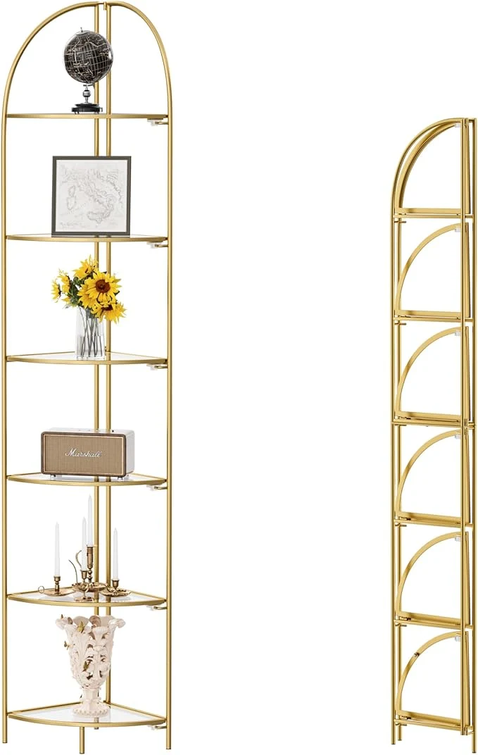 Functional Crofy Foldable 6 Tier Corner Shelf Metal Corner Plant Stand with Gold Frame and Transparent Shelves Corner Display Rack Multipurpose Shelving Unit for Living Room Bedroom BathroomAbout ThisOverview Flexible