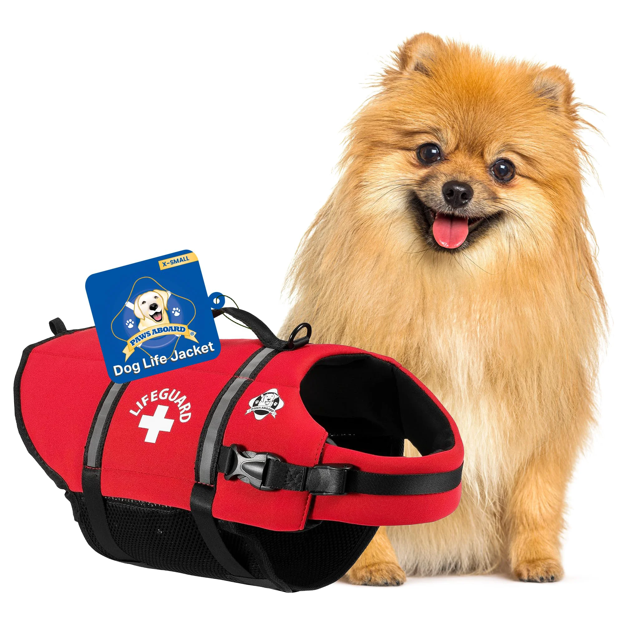 Reusable Paws Aboard Dog Life Jacket – Adjustable Reflective Swim Vest XX-Small to XL Red with Handle Enhanced