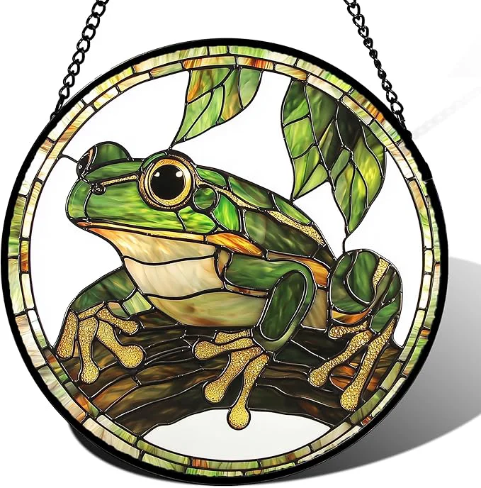 Sophisticated Stained Glass Window Hanging Frog Green Leaf Sun Catchers Colorful Glass Panel Cool Suncatcher Decor for Birthday for Women Men Wife Aunt and Mom 14.9×14.9 inAbout This Professional