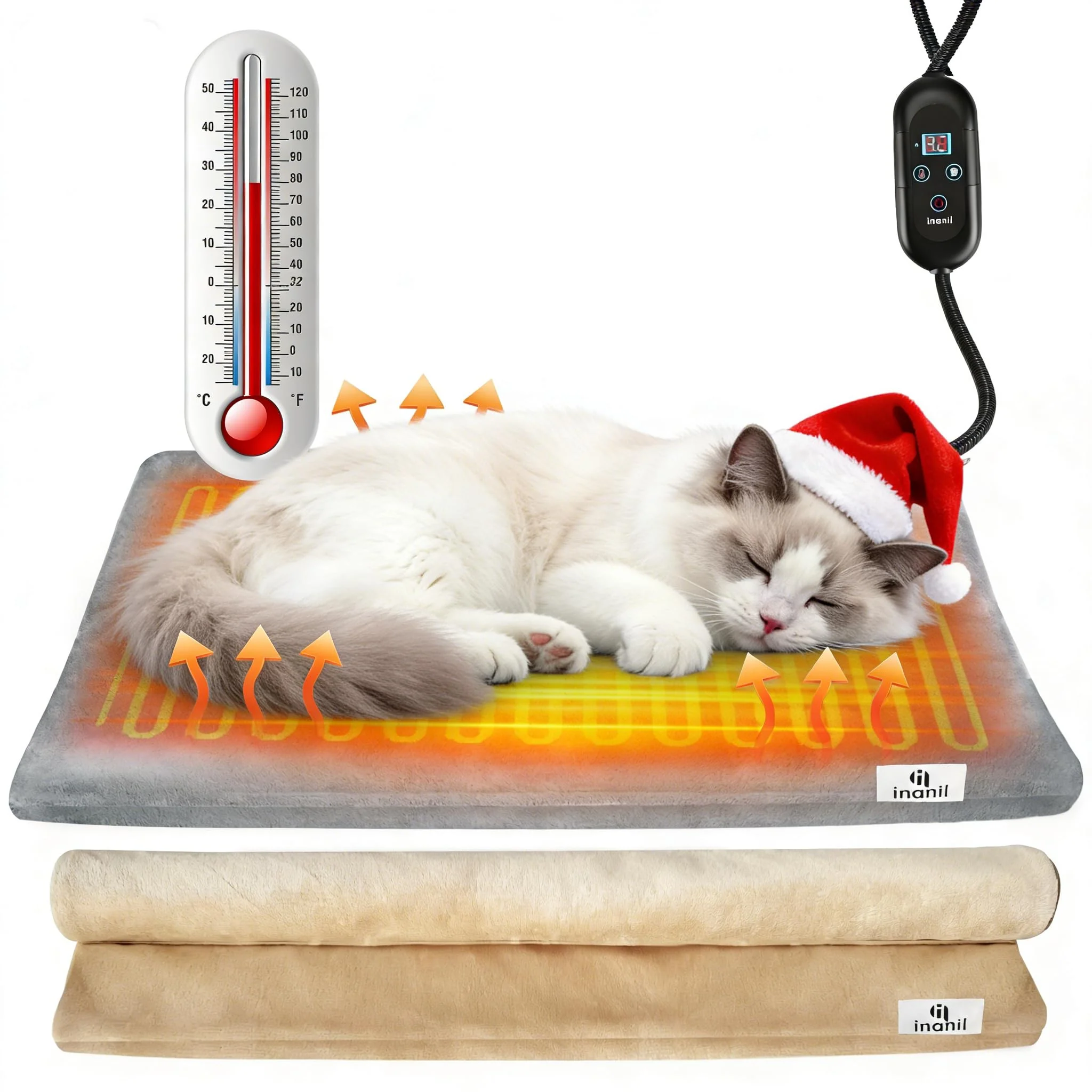 Certified inanil Heated Cat Bed — 6 Temperature Settings 5 Timers Waterproof 17.7 x 15.7 in Cat Heating Pad Safe
