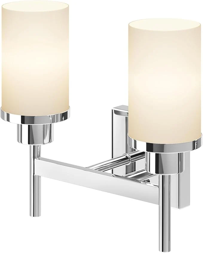 High-End Vanity Lights Polished Chrome Bathroom Light Fixtures with White Frosted Glass Shade Double Wall Sconces for Mirror Hallway Entrance Porch T001CH-L2About ThisOverview Easy-to-Use